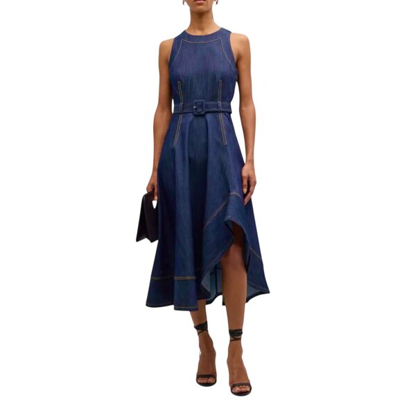 Cinq a Sept Zelda Belted Asymmetric Sleeveless Denim Midi Dress Size M NEW - Picture 9 of 12